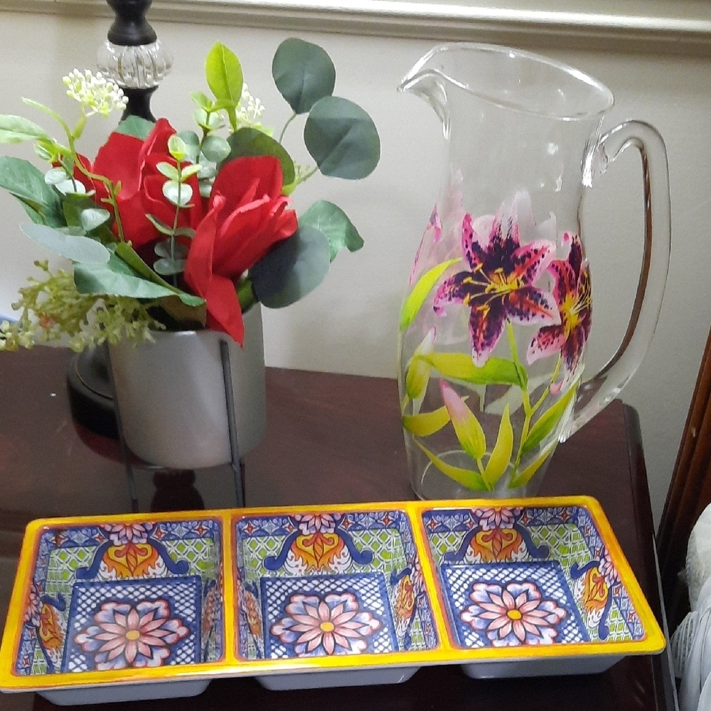 Floral Pitcher and Colorful Ceramic Dish Set and Floral